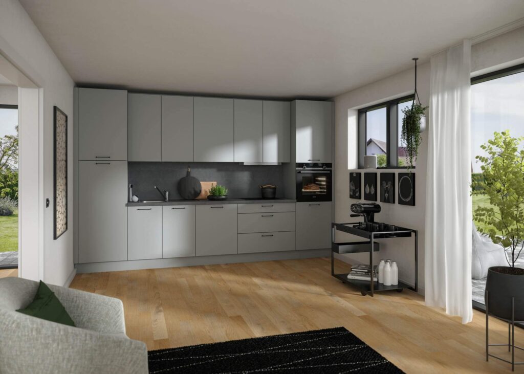 Burger Klassische Küchenzeile Nebelgrau seidenmatt