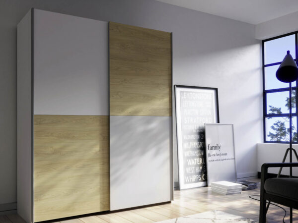 Schwebetürenschrank Schach Matt 150 cm – Weiß & Puccini Eiche mit Schiebetüren
