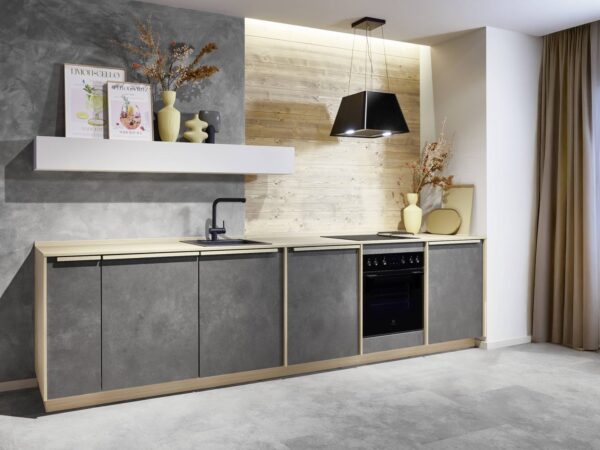 Nobilia Riva Küchenzeile Terragrau in Betonoptik mit Holzgriffleiste und Arbeitsplatte in Eiche Como